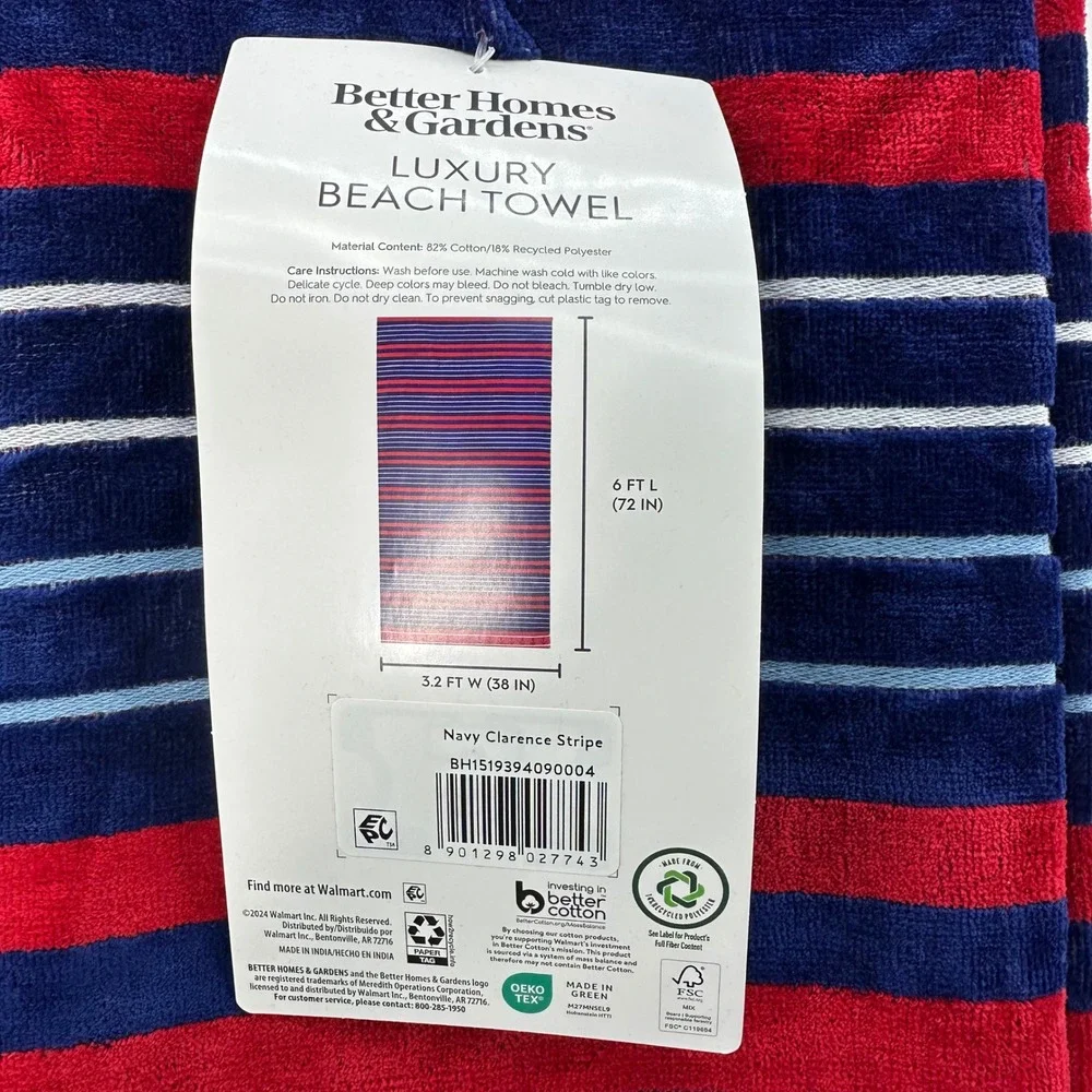 BHG 2PC Navy Clarence Stripe Anchor Beach Towels 6x3 Oversized Soft Vacation red